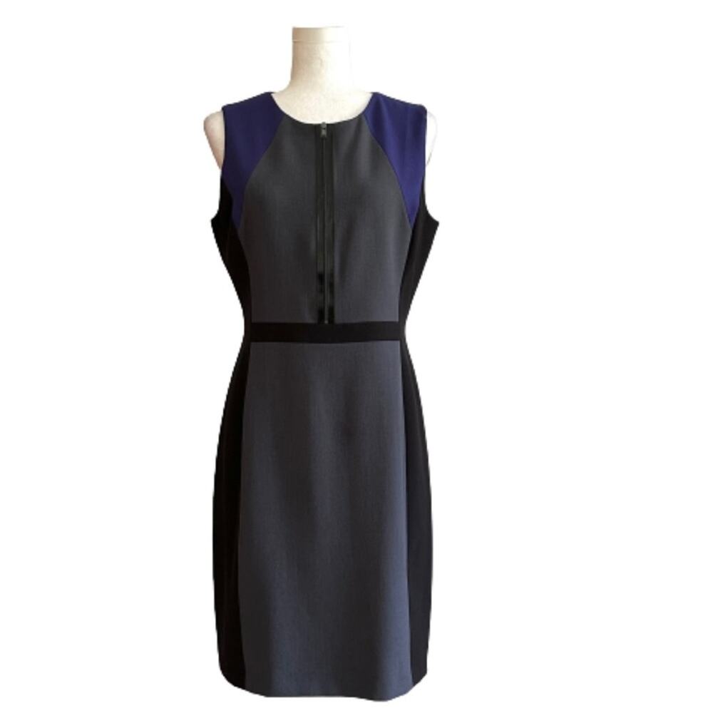 Tahari ASL Dress Career Sheath Knee Length Sleeveless Black Gray Color Block 8